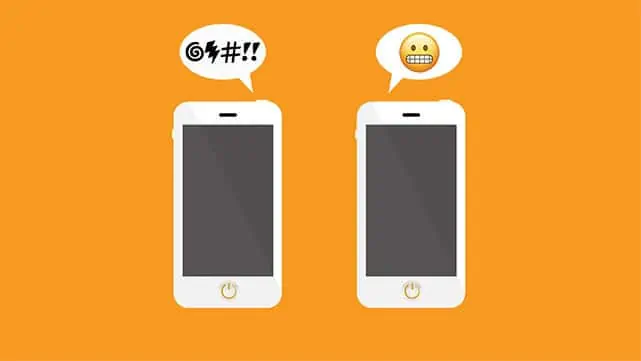 Two Cartoons of iPhones, One With Speech Bubble and Symbols, the Other with Speech Bubble and a Cringey Emoji