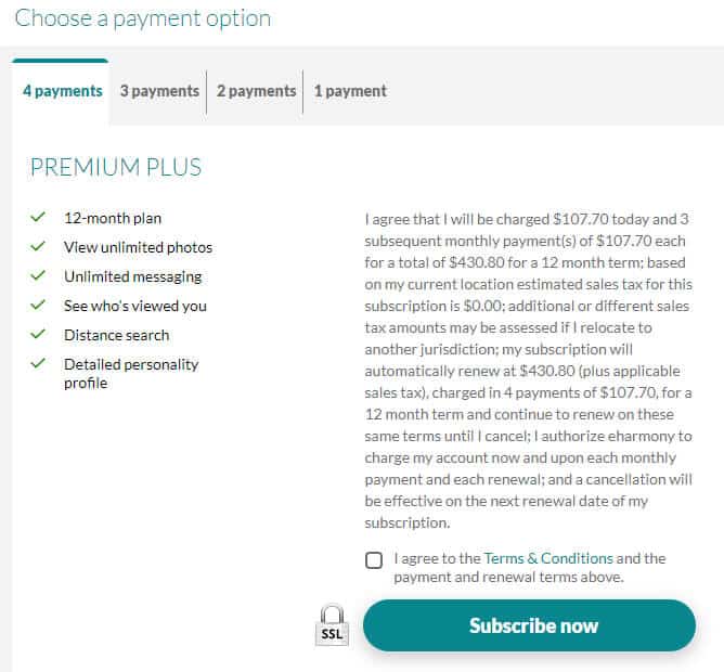 Payment Options at eHarmony Screenshot 1