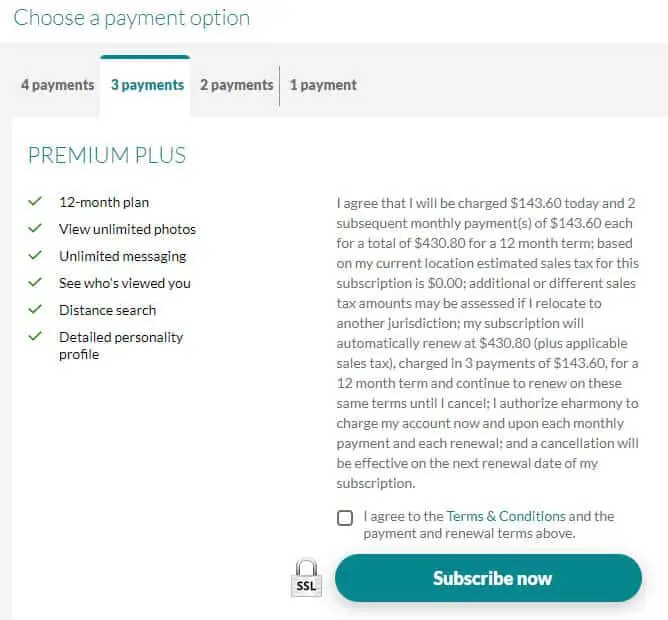 Payment Options at eHarmony Screenshot 2