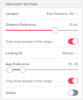 Tinder Discover Settings Screenshot