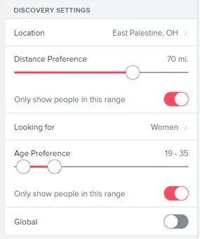 Tinder Discover Settings Screenshot