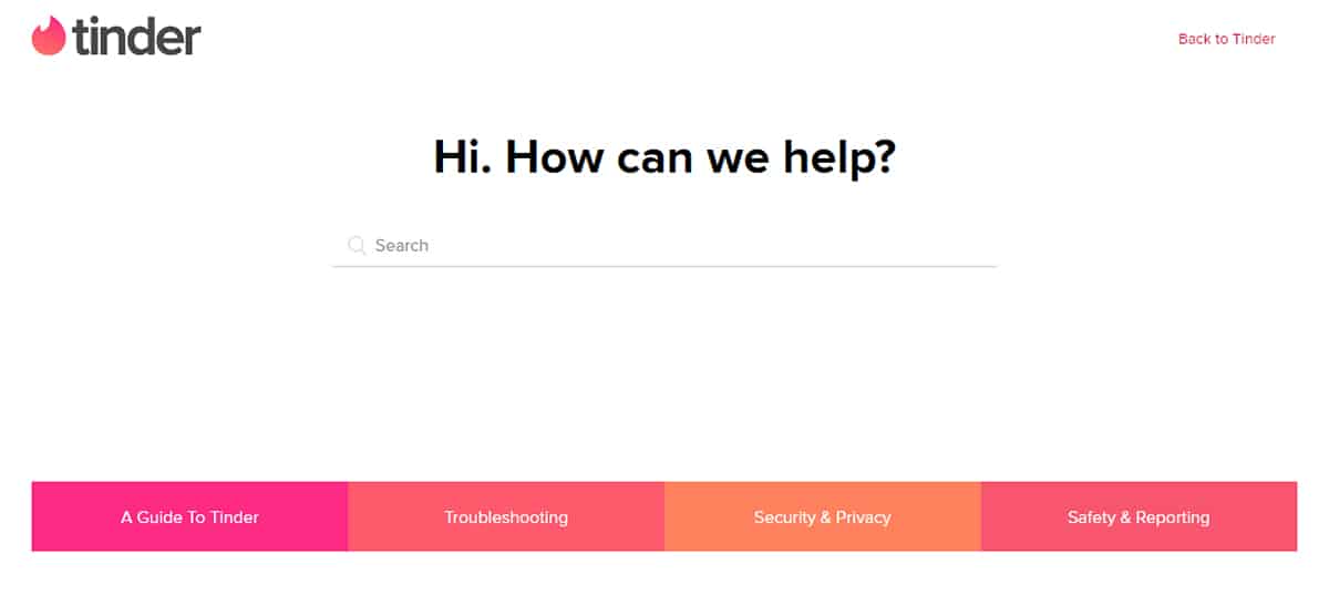 Tinder Help & Support Page Screenshot