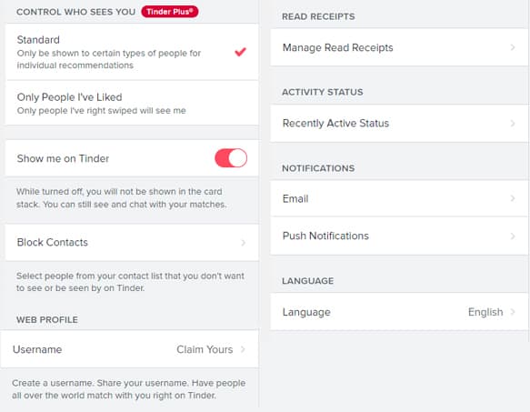 Tinder Menu Setting Screenshot