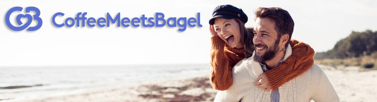 Coffee Meets Bagel Banner - Happy Couple at the Beach - Cold Day
