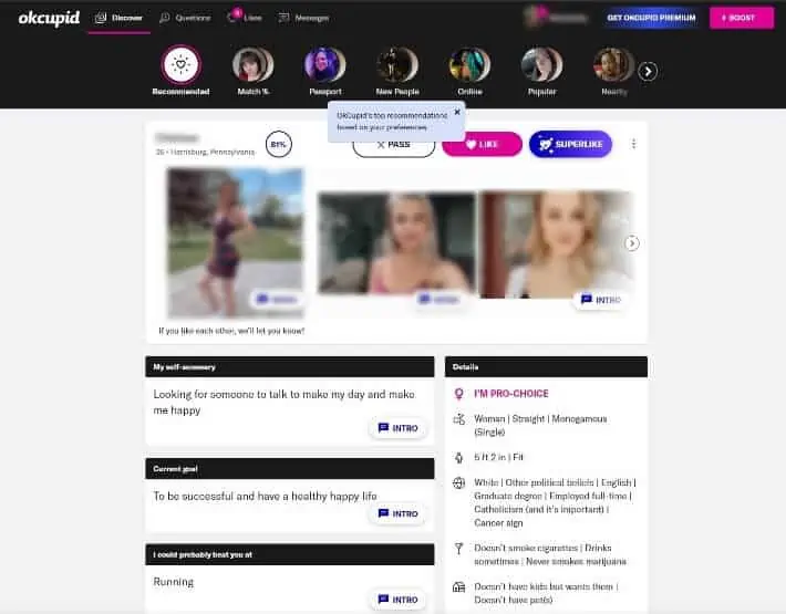OKCupid Discover Menu Screenshot