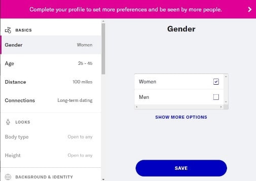 OKCupid Preferences Tab Screenshot
