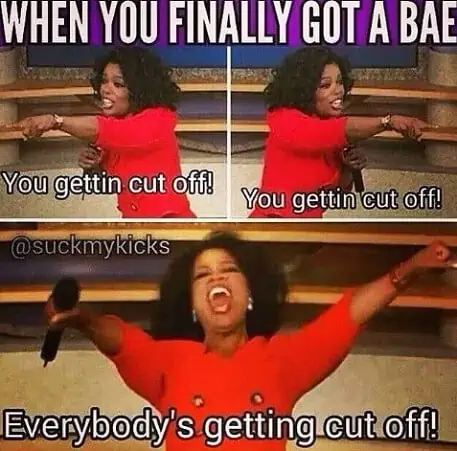 Oprah meme, When you finally got a bae. You gettin cut off! Everybody's getting cut off!