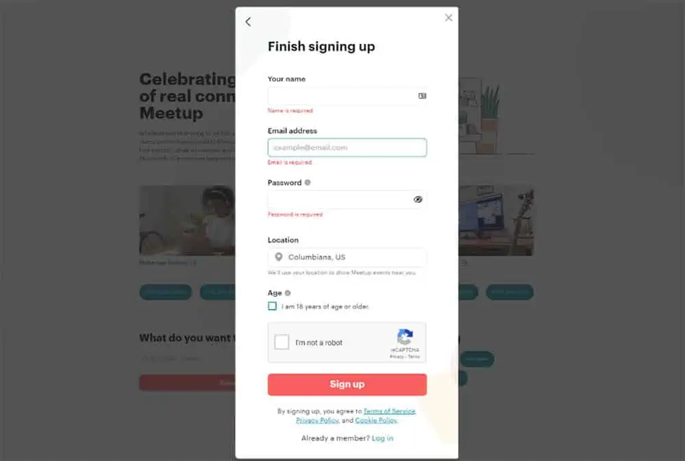 Meetup Sign Up Process Screenshot 2