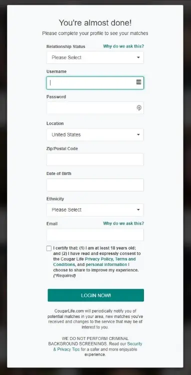 Cougar Life Sign Up Process - Step 2