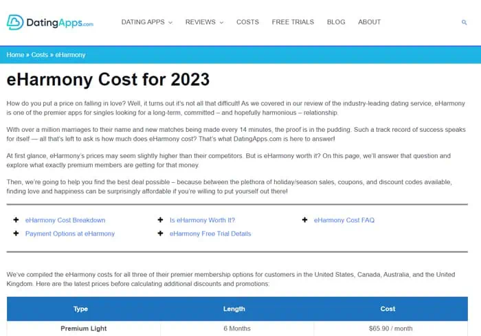 eHarmony Cost Screenshot