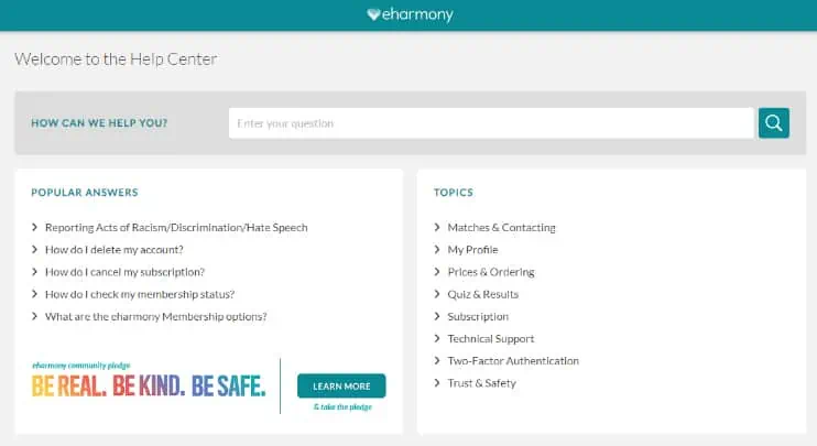 eHarmony Help Center Screenshot