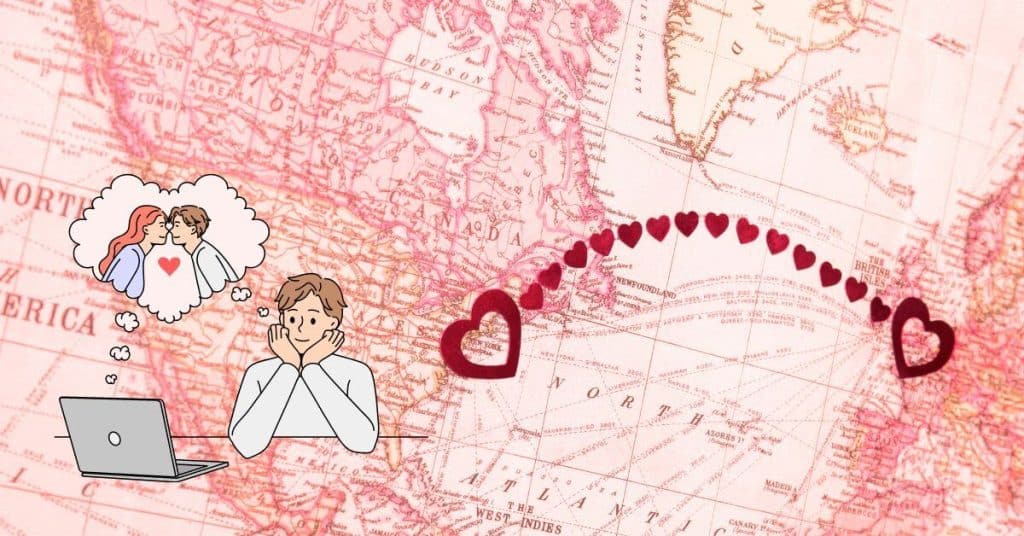 pink map and a cartoon depicting international dating