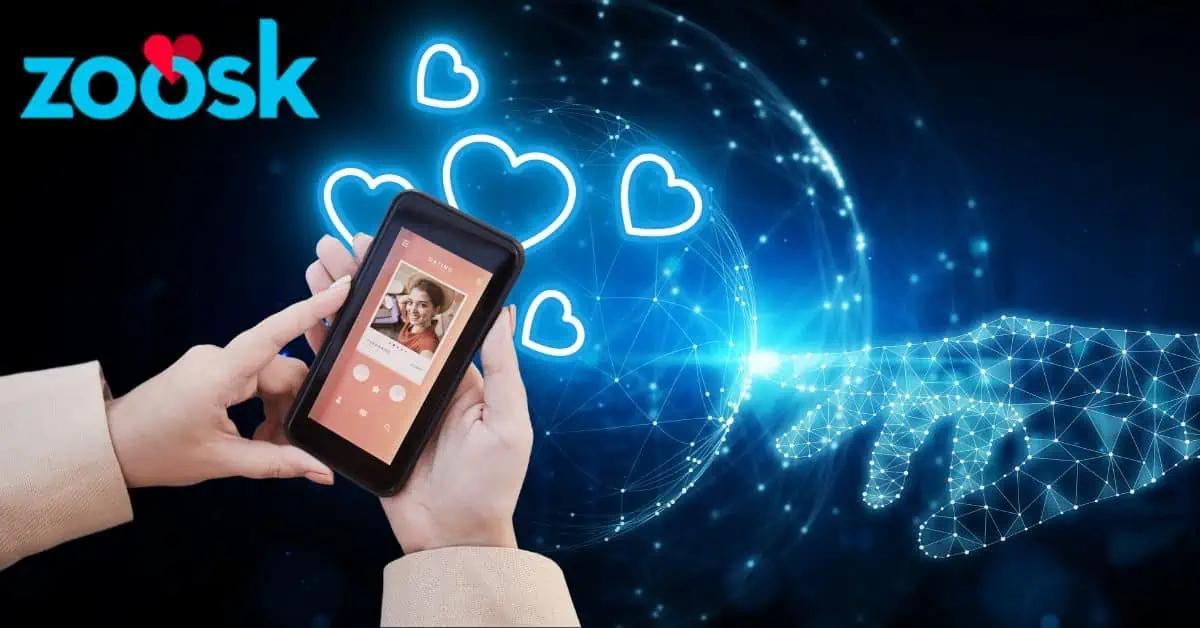 Zoosk Logo - AI Hand - Global Technology - Woman Using Dating App