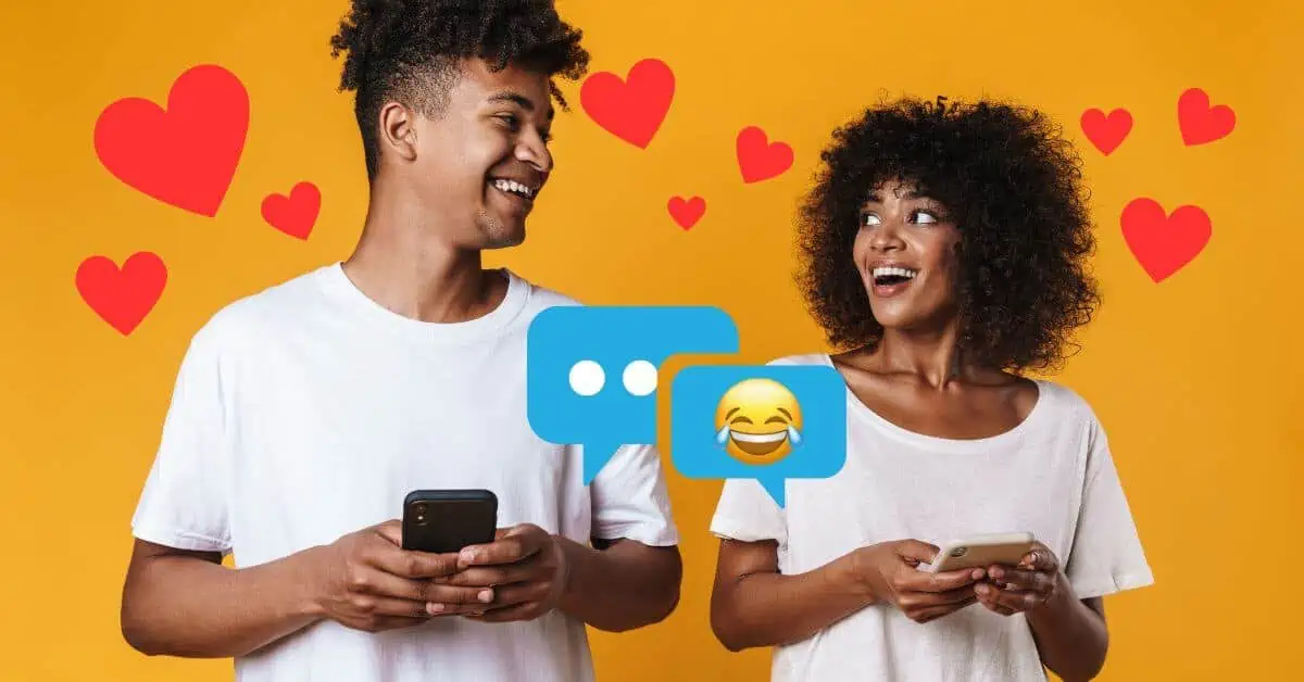 Man and woman texting and laughing