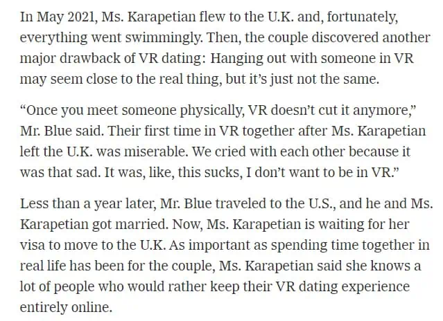 New York Times Article Screenshot - VR Dating