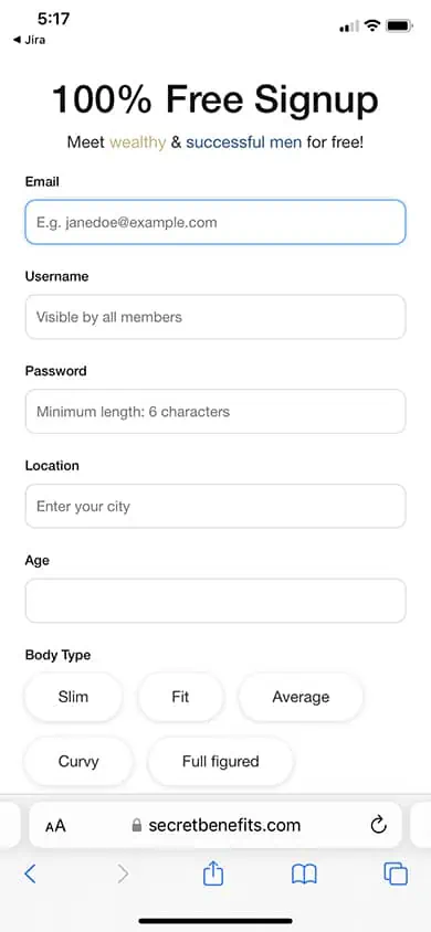 Secret Benefits Sign Up Process Screenshot - Step 2