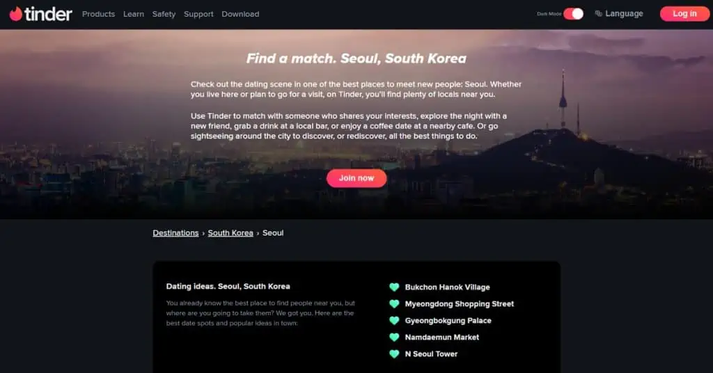 Tinder Korea Homepage Screenshot