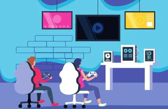 Couple playing video games on multiple screens