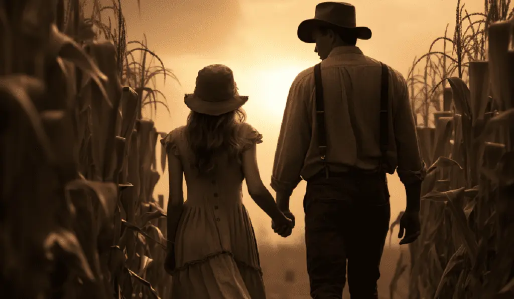 Farmer and Girlfriend Walking Through a Corn Field