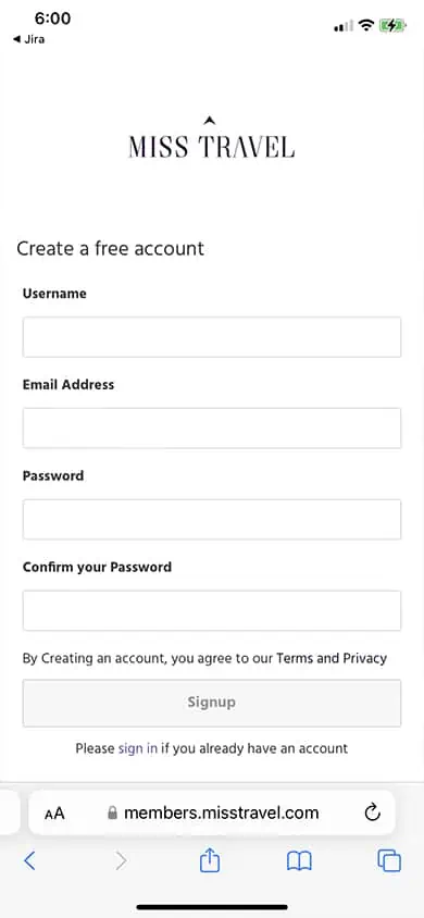 Miss Travel Sign Up Process Screenshot - Step 2
