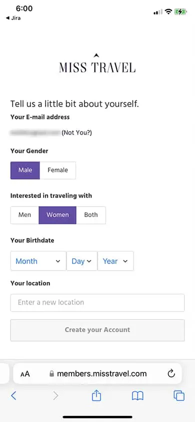 Miss Travel Sign Up Process Screenshot - Step 3