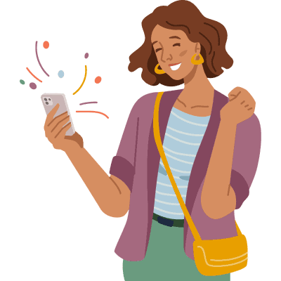 Woman looking at phone celebrating