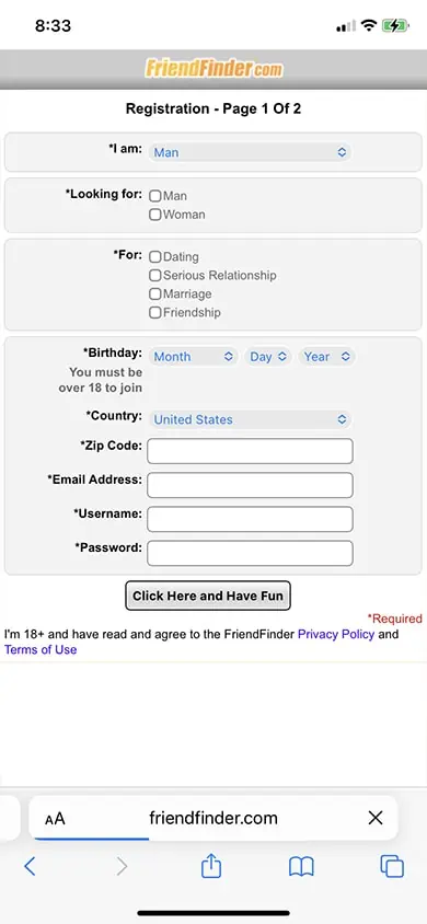 FriendFinder Sign Up Process Screenshot - Step 2