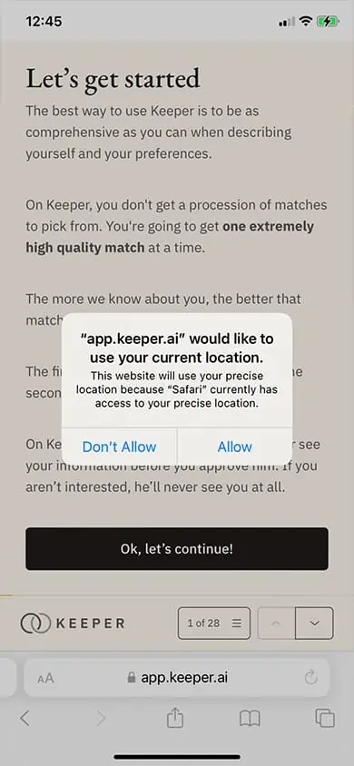 Keeper AI Sign Up Process Screenshot - Step 2