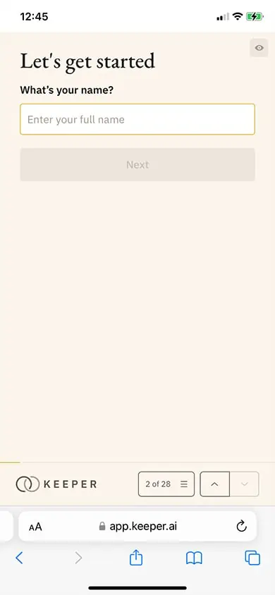 Keeper AI Sign Up Process Screenshot - Step 3
