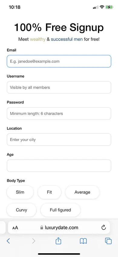 Luxury Date Sign Up Process Screenshot - Step 2