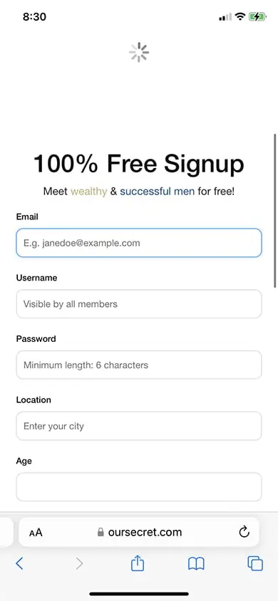 Our Secret Sign Up Process Screenshot - Step 2