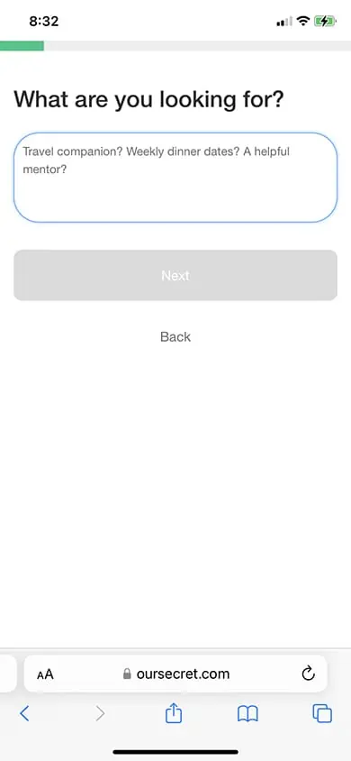 Our Secret Sign Up Process Screenshot - Step 4