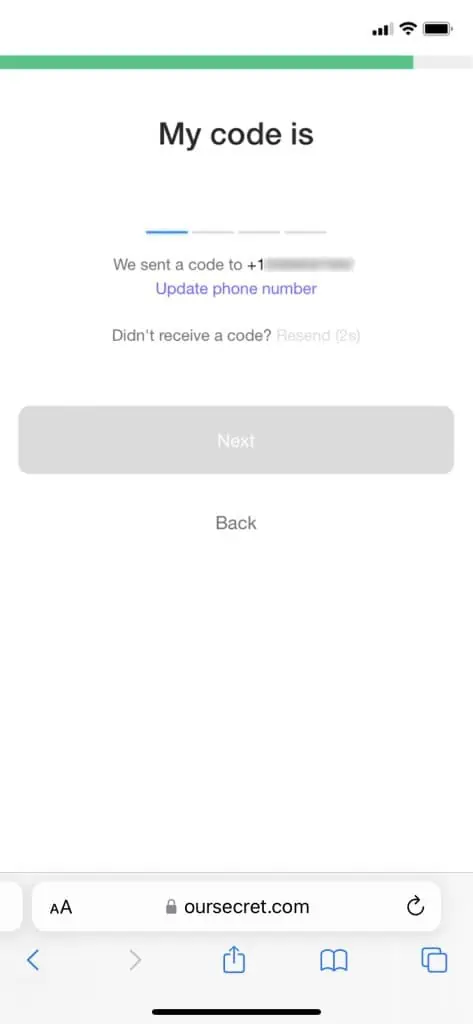 Our Secret Sign Up Process Screenshot - Step 6