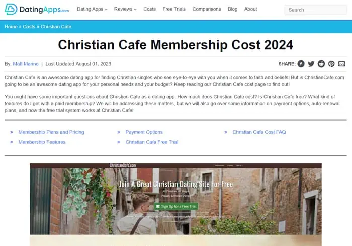 Christian Cafe Cost Page Screenshot