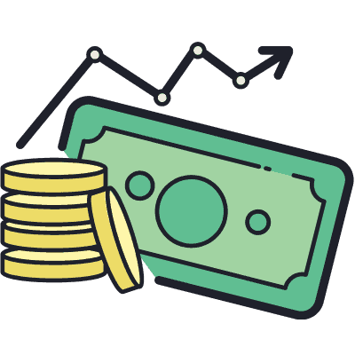coins and dollar bills with graph line above
