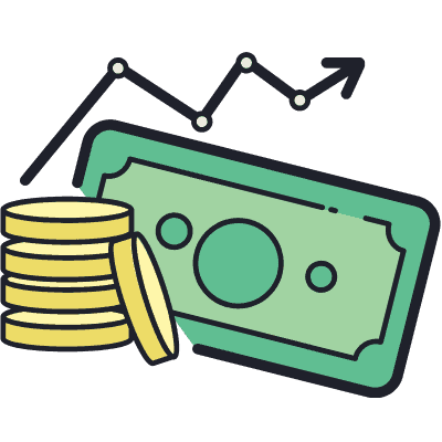 coins and dollar bills with graph line above