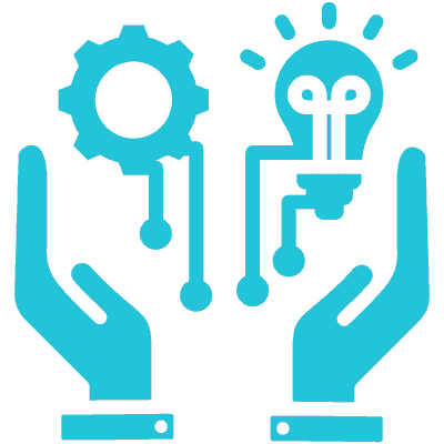 hands holding cog and shining lightbulb