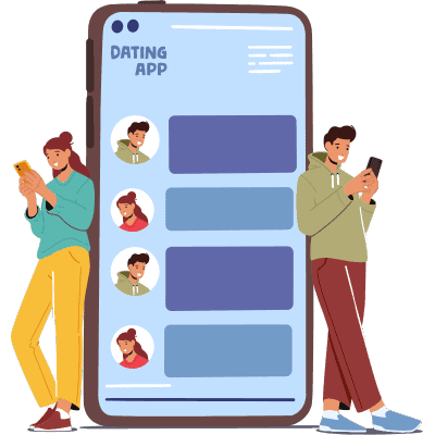 man and woman standing on either side of smartphone looking at phones messaging each other