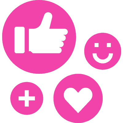 social media icons: thumbs up, add, heart, smiling face