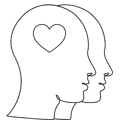 two side profile faces facing same direction overlapping with heart in brain