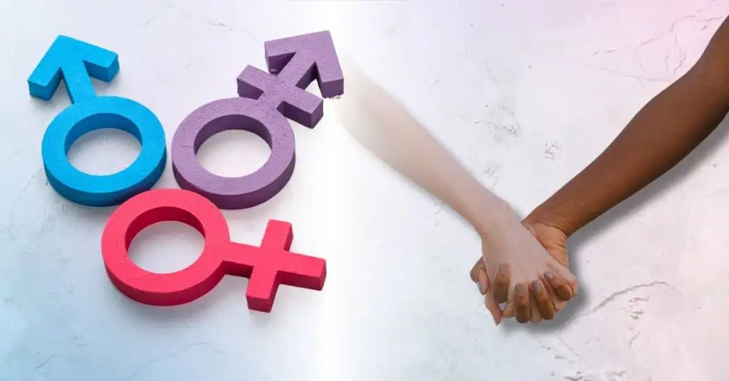 gender symbols and two people holding hands
