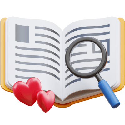 magnifying glass book and hearts