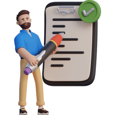 man holding pen and looking at clipboard