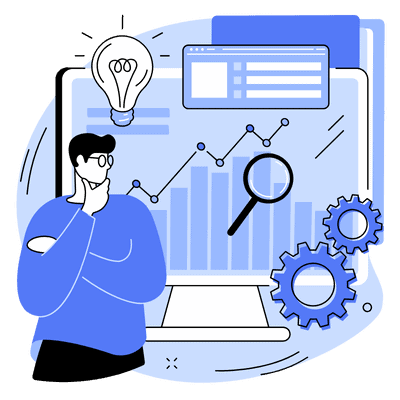 man looking at graph on computer with lightbulb above head