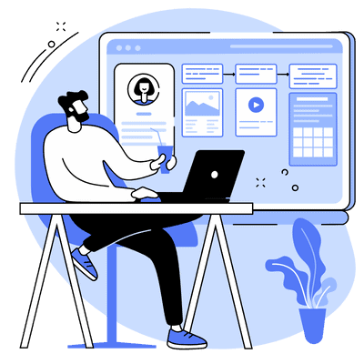 man sitting at desk looking at someones profile