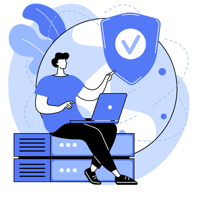 person on their laptop with a shield and check mark above them