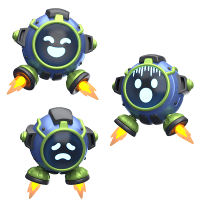 three robots emoting happiness, surprise and sadness