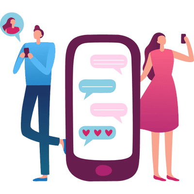 two people texting with phone in between them