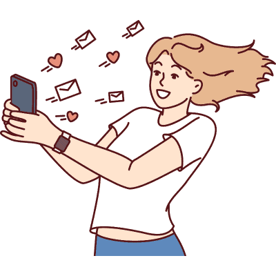 woman looking at phone with hearts around her