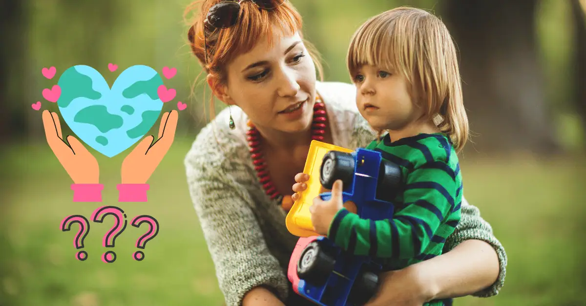 single mom standing with son with heart earth graphic